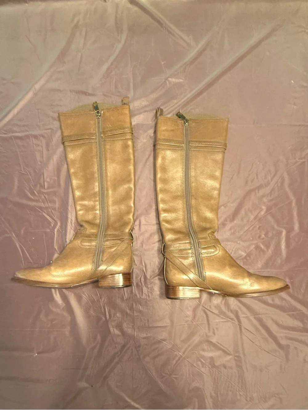 Tory Burch Calista Taupe Gold Leather Logo Belt Knee Riding Boots Size 6 $495